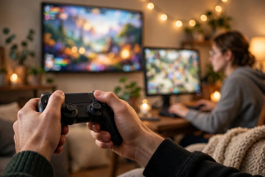 Close-up of hands on a game controller showing the hand-eye coordination and focus behind the six ways video games affect your brain