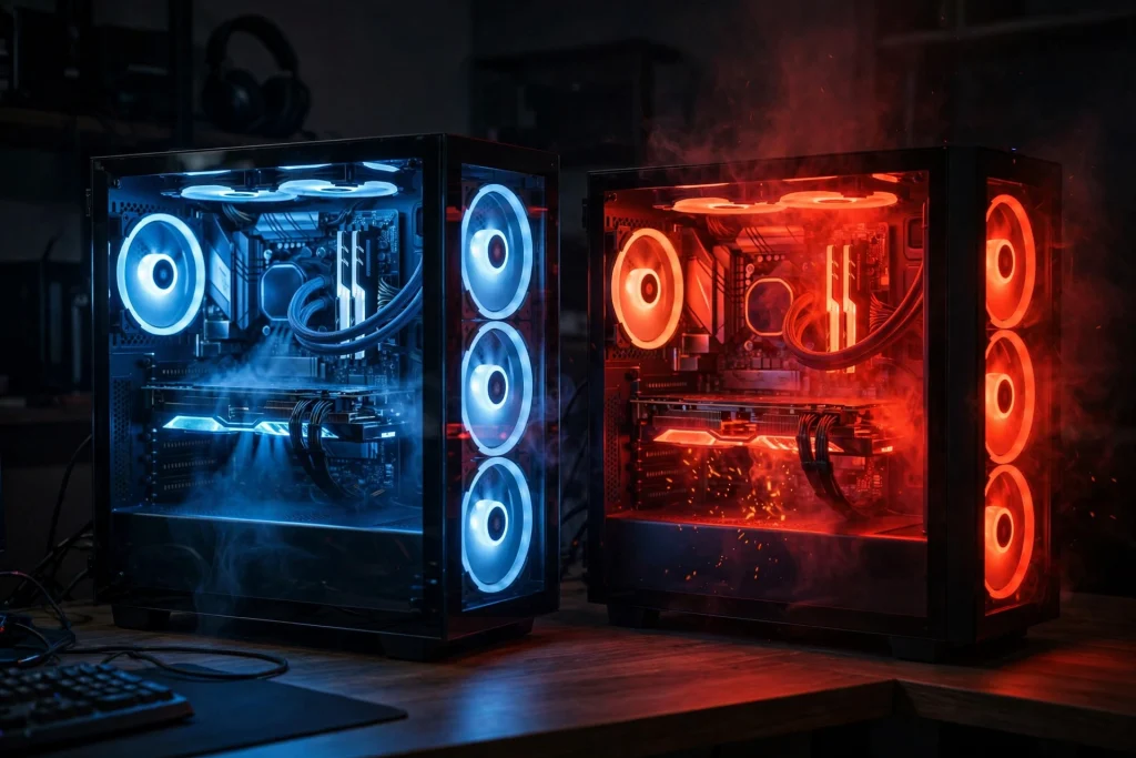 Two gaming PCs glowing cool blue and hot red side by side illustrate safe and dangerous temperatures for gaming.