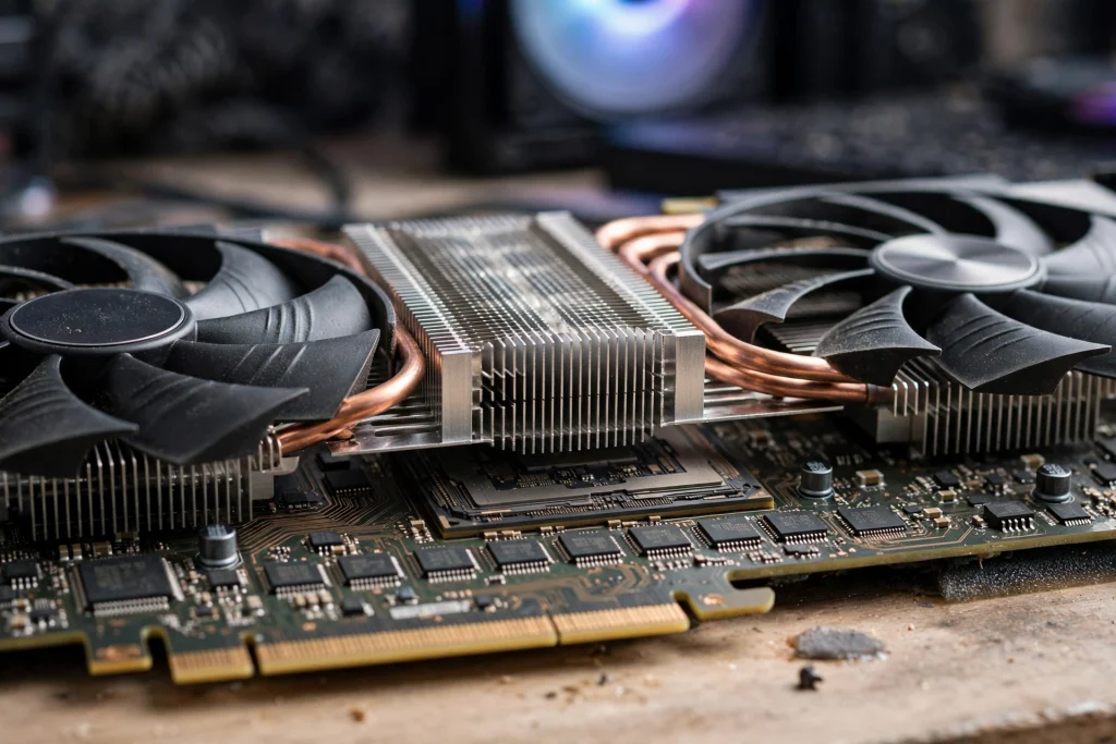A detailed close-up of a graphics card on a workbench shows what a GPU is with its fan, heatsink and circuit board.