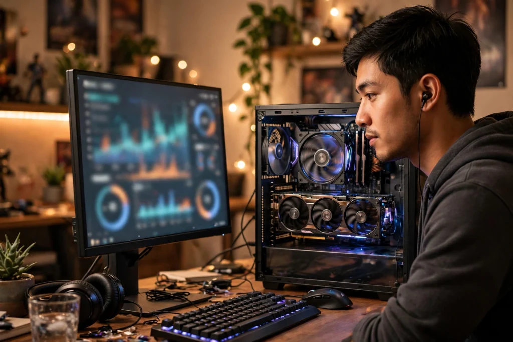 A gamer at a desk with an open PC case shows how to check your GPU temperature using abstract monitoring graphs on screen.