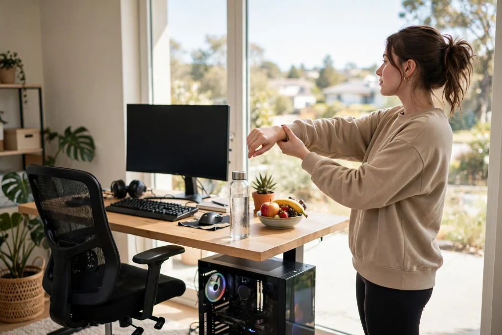 A gamer taking a healthy break to stretch his wrists beside his PC setup, illustrating moderation and balance when learning about gaming and health