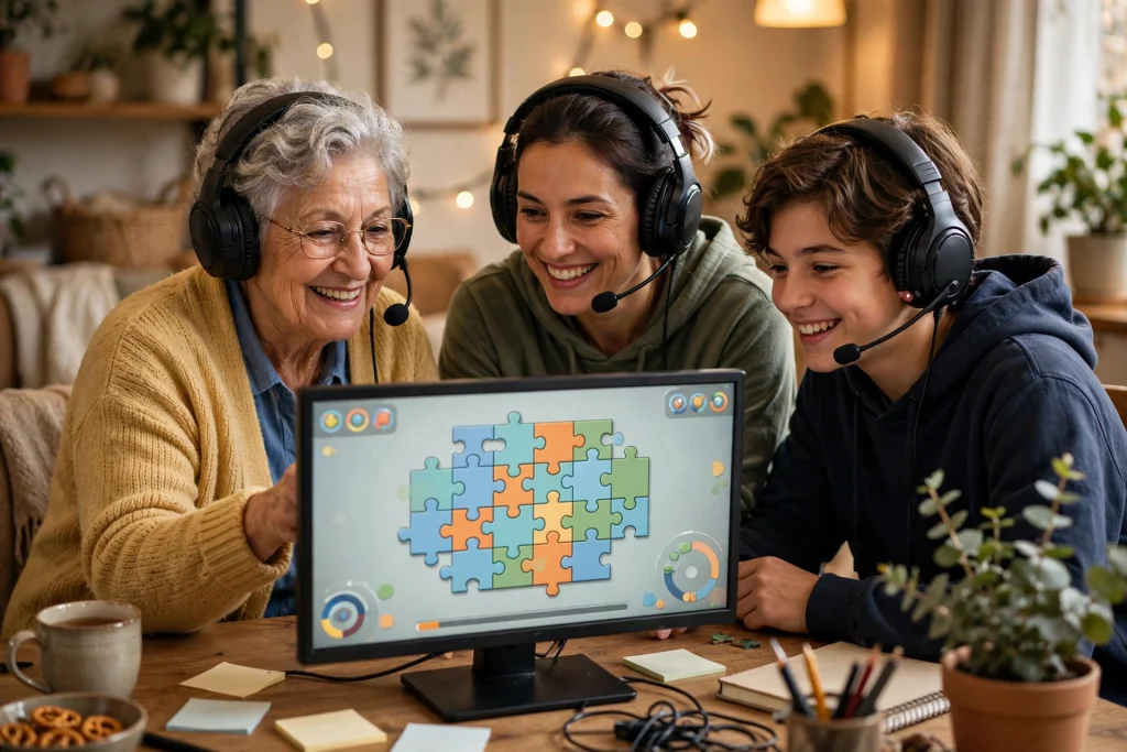 A family playing a cooperative video game together with headsets, showing the social connection and teamwork that highlight what is good about gaming