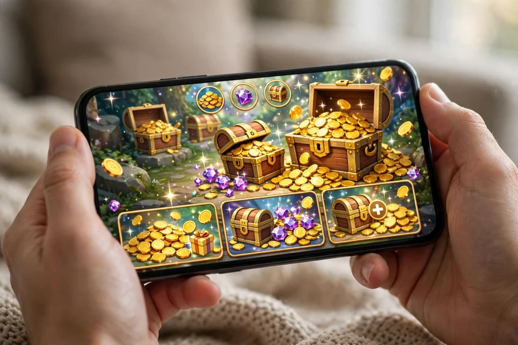 Hands holding a smartphone with virtual coins and treasure chests showing common monetization strategies used by mobile game developers