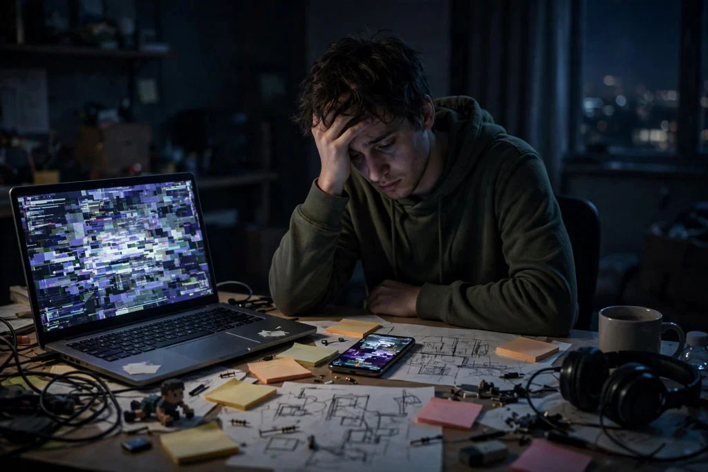 A frustrated indie developer at a messy desk with a glitchy phone game illustrating why a first Android game failed
