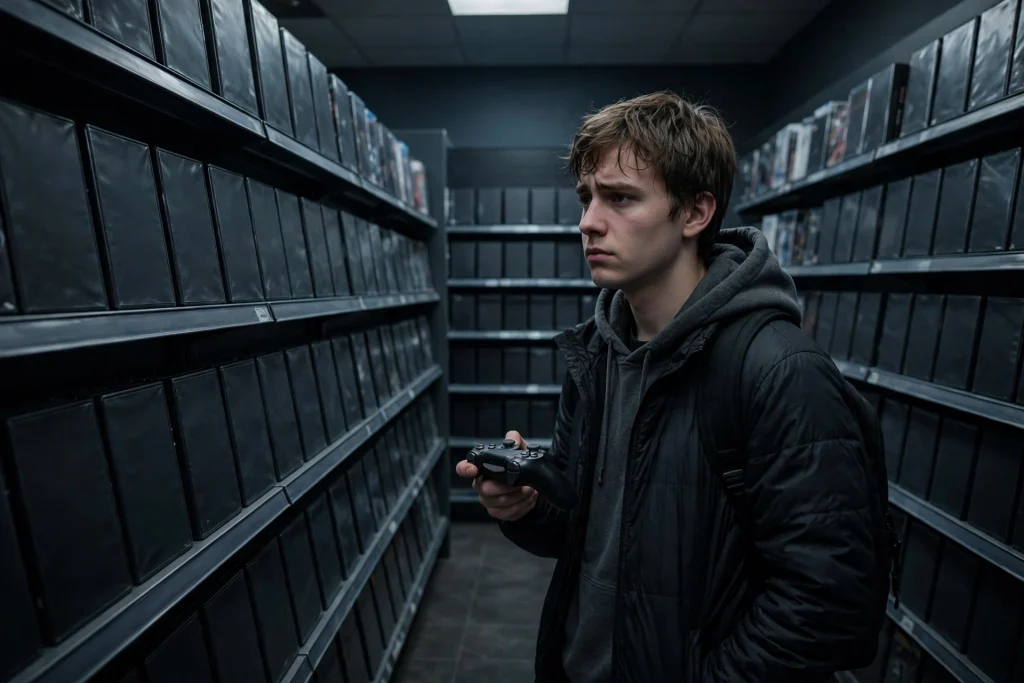 A hesitant gamer in a video game store weighing whether in-game ads will impact the sales of future games