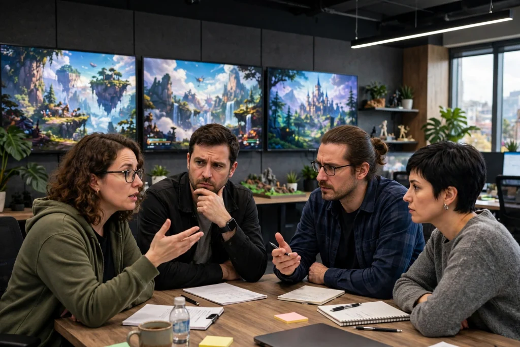 Game developers in a modern studio discussing how other gaming companies responded to in-game ads appearing in older games