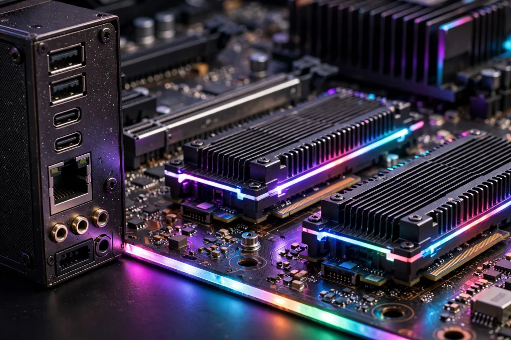 Macro view of motherboard ports and RGB lighting showing the connectivity and cooling features of the ROG Strix gaming board