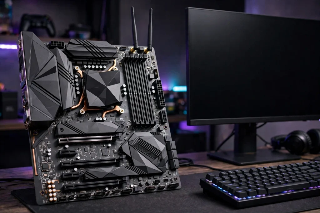 Gaming motherboard displayed on a desk in a gaming setup representing the Asus ROG Strix B550-F Gaming WiFi II Motherboard with its angular heatsinks and WiFi antennas