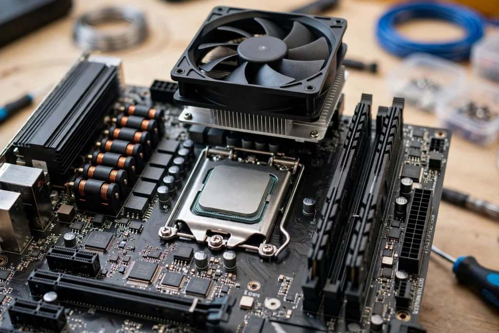 Close-up of a processor and cooling system on a gaming motherboard highlighting the detailed features of the Ryzen and TUF Gaming combo