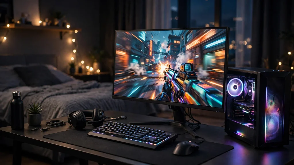 A high refresh rate gaming monitor showing fast-paced FPS gameplay on a clean esports desk setup at home.