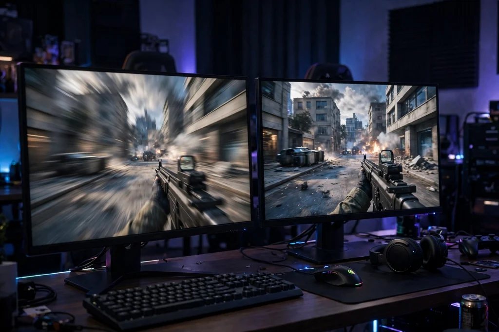 Two gaming monitors side by side showing the same fast FPS scene, comparing 240Hz vs 144Hz motion clarity and diminishing returns.