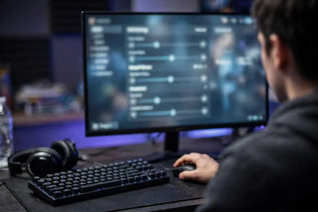 A gamer checking display settings to make sure the monitor is actually running at its full refresh rate before playing.