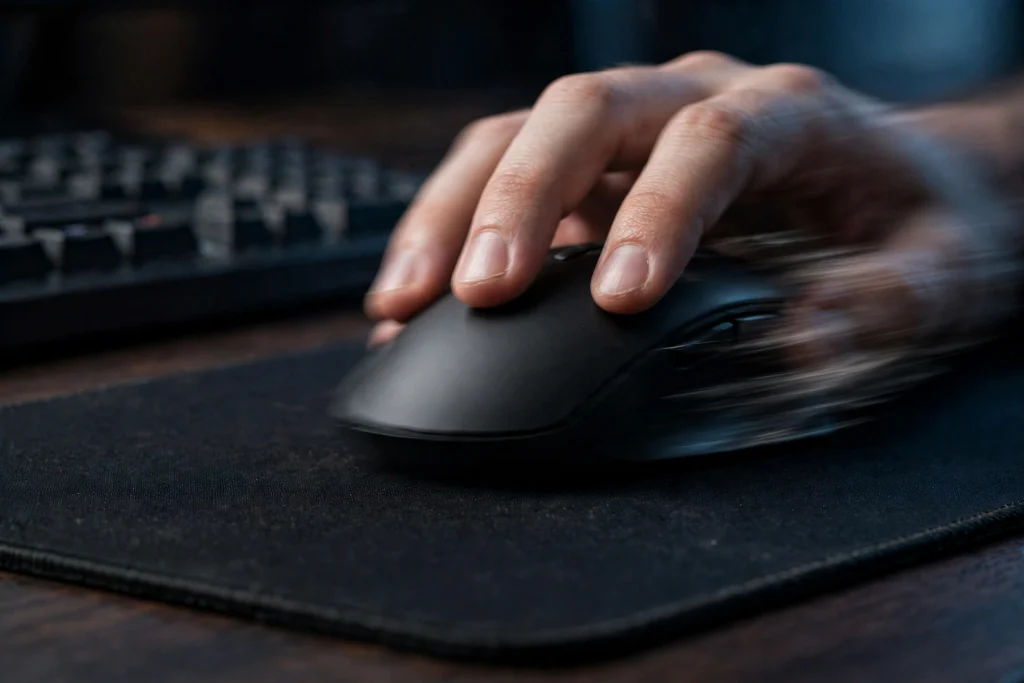 A gaming mouse flicking fast across a large mousepad, where low DPI and high sensitivity can cause pixel skipping.