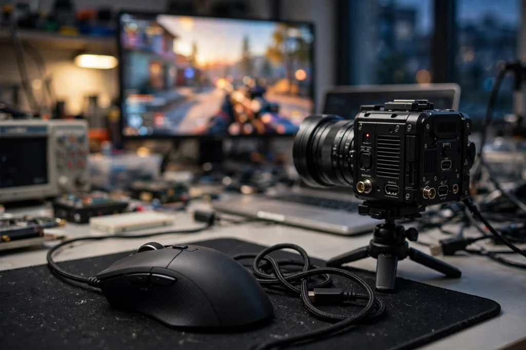 A latency testing desk with a high-speed camera filming a gaming mouse, used to measure true input lag in milliseconds.