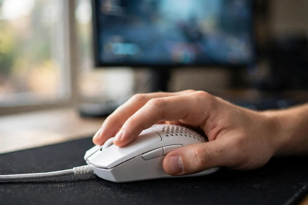 A claw grip on a lightweight esports mouse, the kind of mouse that offers an 8000Hz polling rate for fresher reports.