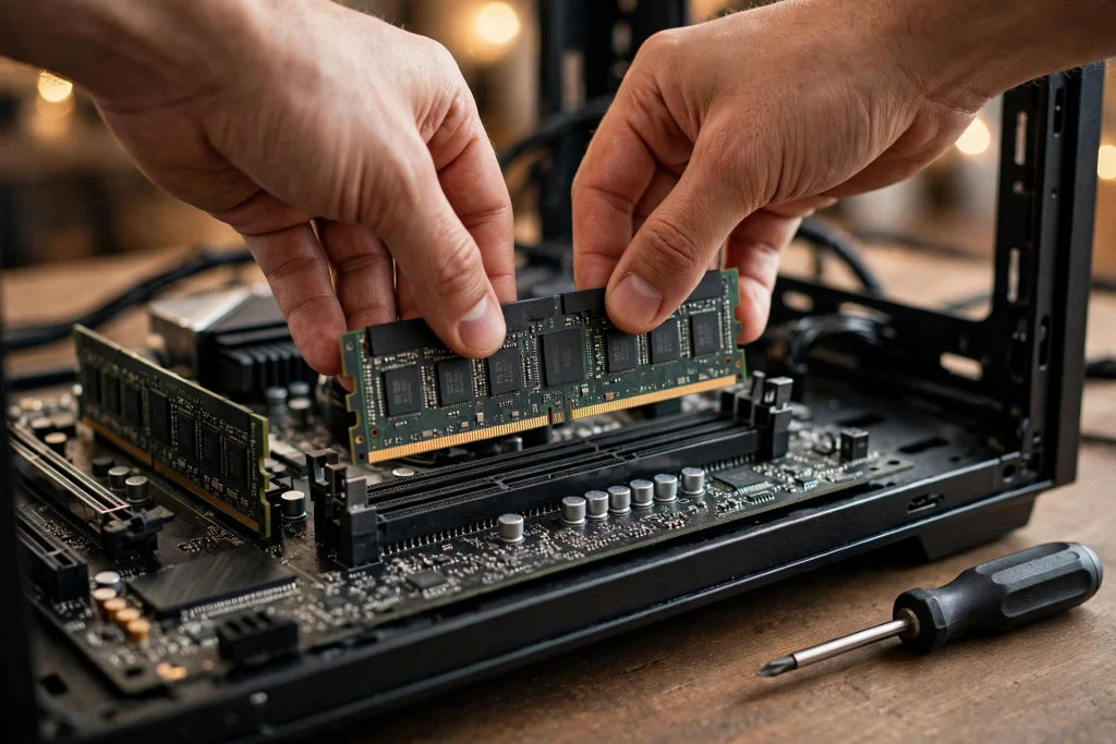 Hands installing a second RAM stick into a motherboard slot inside an open gaming PC case.