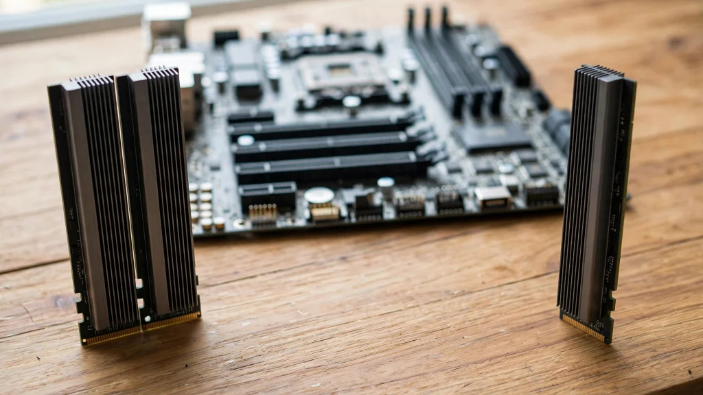 A two-stick RAM kit standing beside a single memory stick in front of a motherboard, comparing dual-channel and single-stick setups.
