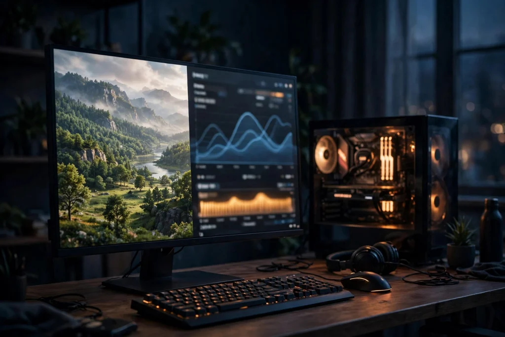 A gaming PC running a demanding AAA game while a performance monitor shows memory usage climbing near its limit.