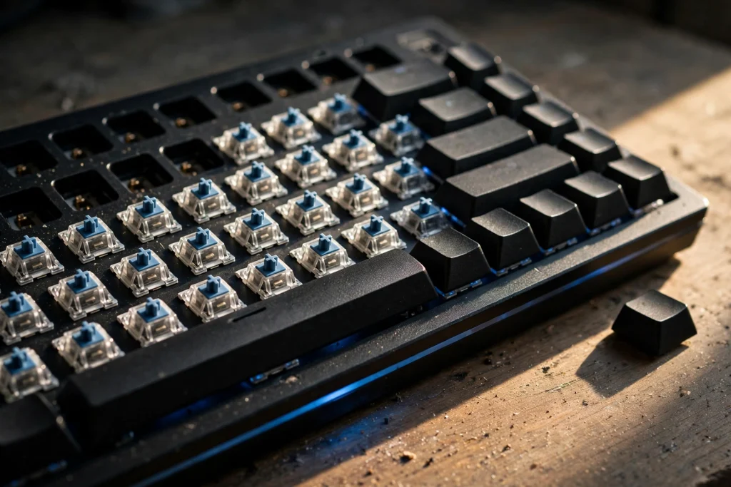Macro view of exposed magnetic Hall effect keyboard switches, the sensor technology behind rapid trigger keys.