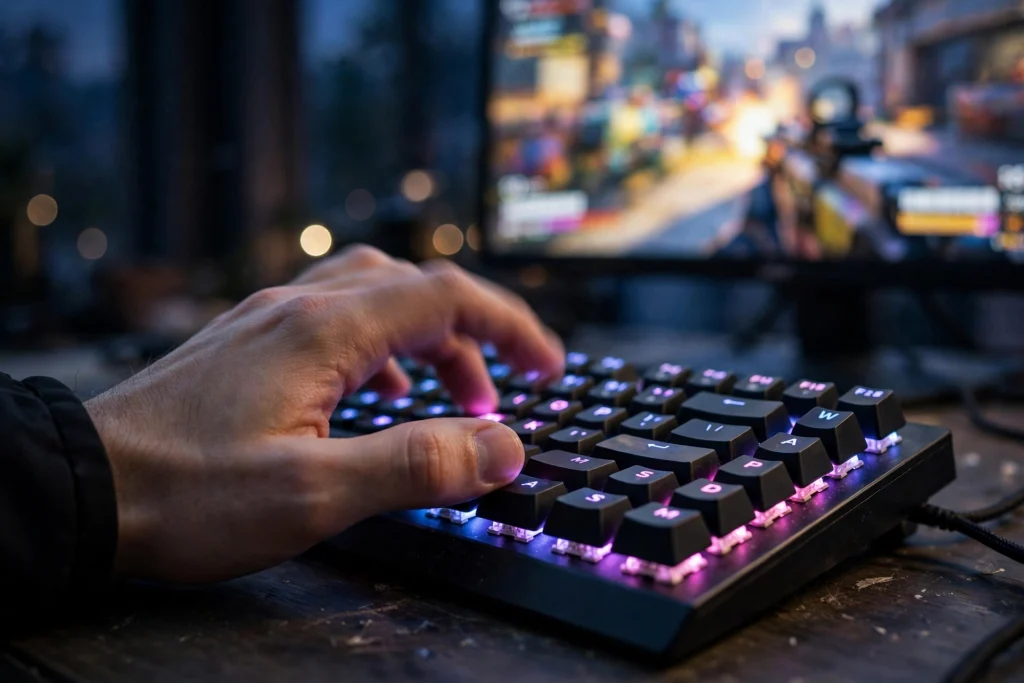 A CS2 player's hand tapping between the A and D keys to counter-strafe on an RGB gaming keyboard during a match.
