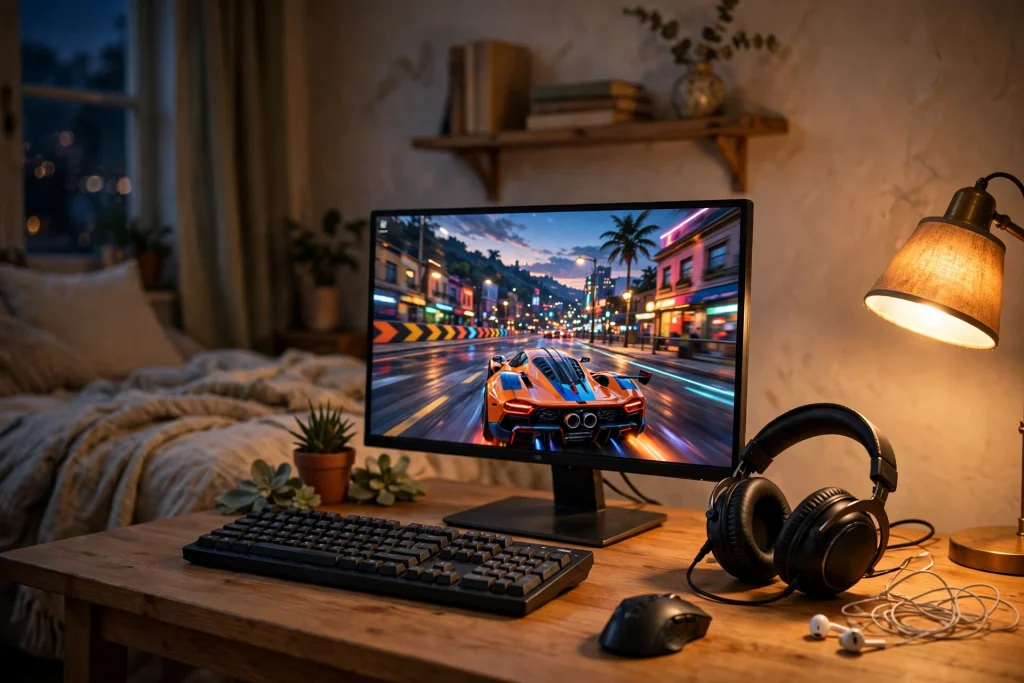 A home gaming desk with wired IEMs and a closed-back headset, showing how to copy the pro double-layer setup at home.