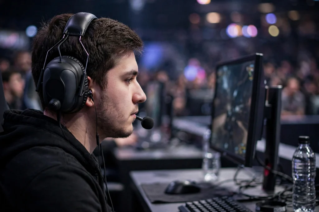 Side view of a player wearing a boom-mic headset over IEM earbuds, showing why one device alone cannot do both jobs.