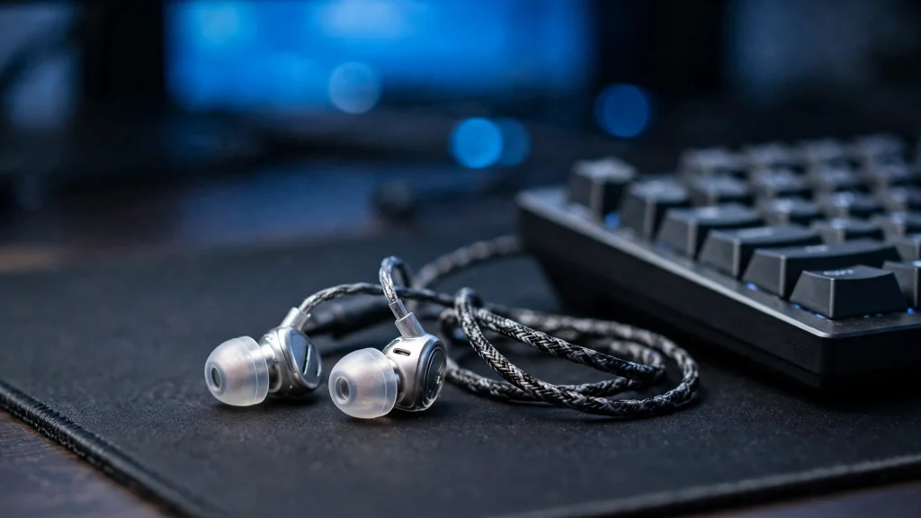 Close-up of wired IEM earbuds with silicone tips, the part of the setup that delivers the real game audio to pro players.